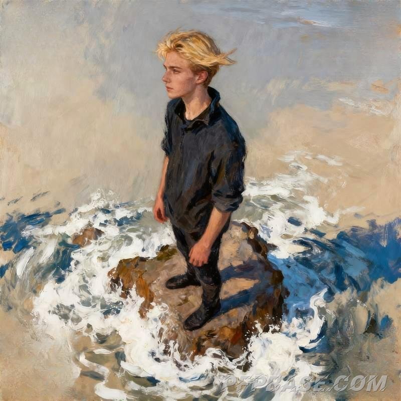 Image 7: boy's profile, cliff at dusk, morning mist in forest, island rocks, graffiti wall, autumn grass