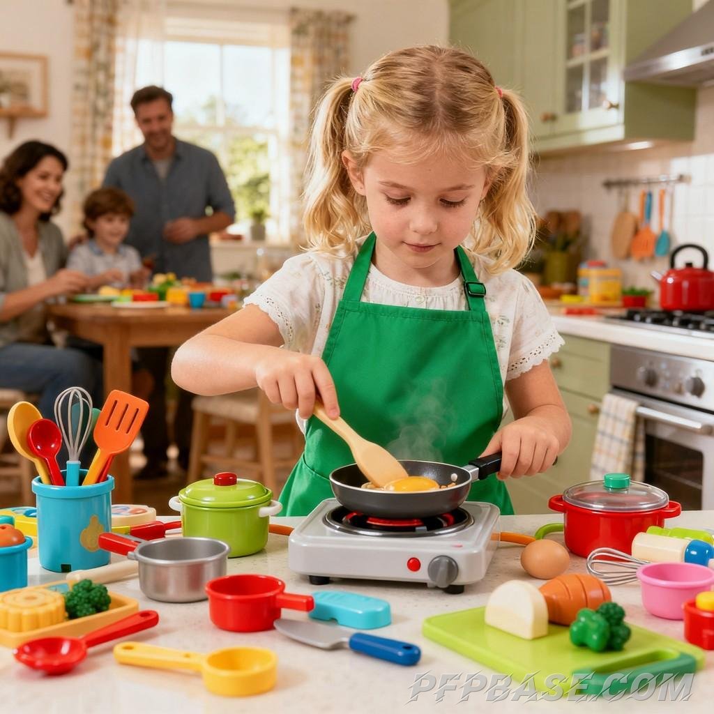 Image 2: blonde hair and blue eyes, antler headpiece, pink bunny, toy kitchen, plaid skirt, flawless makeup