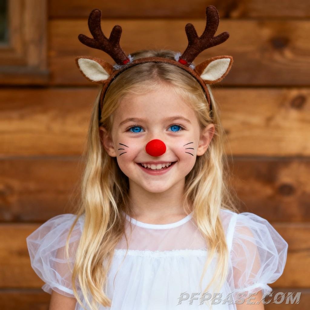 Image 8: blonde hair and blue eyes, antler headpiece, pink bunny, toy kitchen, plaid skirt, flawless makeup