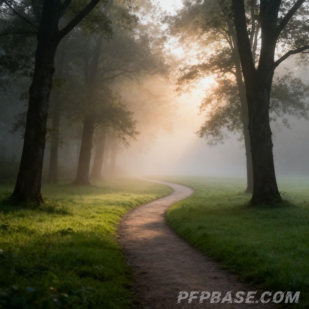 Image 1: winding path, dappled sunlight, secluded woodland trail, tranquil countryside, changing seasons