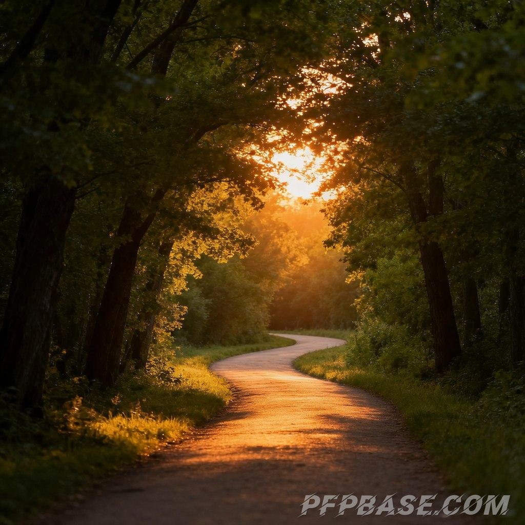 Image 2: winding path, dappled sunlight, secluded woodland trail, tranquil countryside, changing seasons