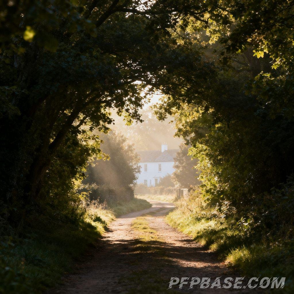 Image 4: winding path, dappled sunlight, secluded woodland trail, tranquil countryside, changing seasons