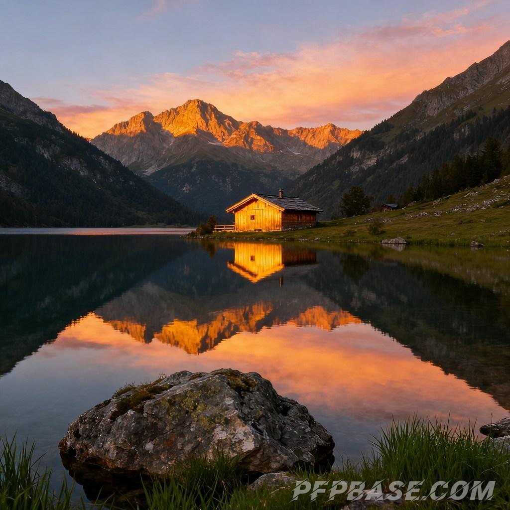 Image 1: dreamlike, towering mountain, serene lake, wooden cabin, setting sun