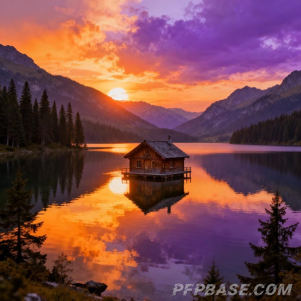 Image 2: dreamlike, towering mountain, serene lake, wooden cabin, setting sun