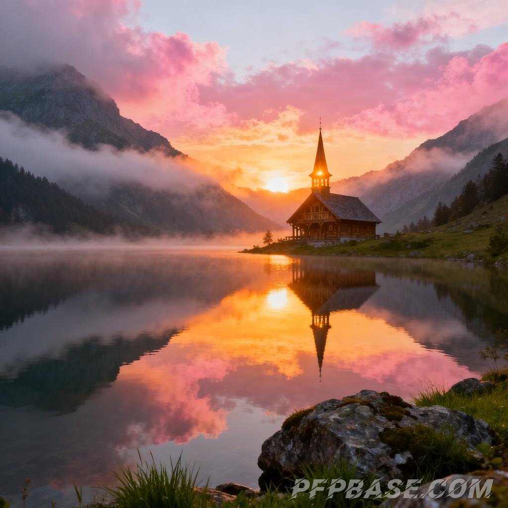 Image 3: dreamlike, towering mountain, serene lake, wooden cabin, setting sun
