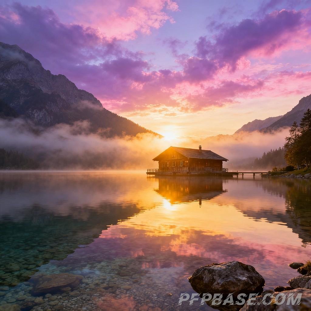 Image 4: dreamlike, towering mountain, serene lake, wooden cabin, setting sun