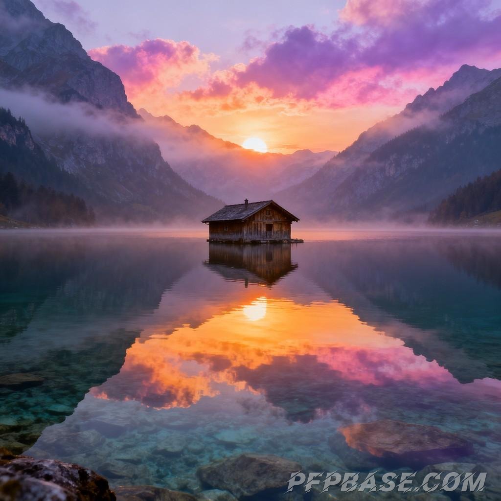 Image 5: dreamlike, towering mountain, serene lake, wooden cabin, setting sun