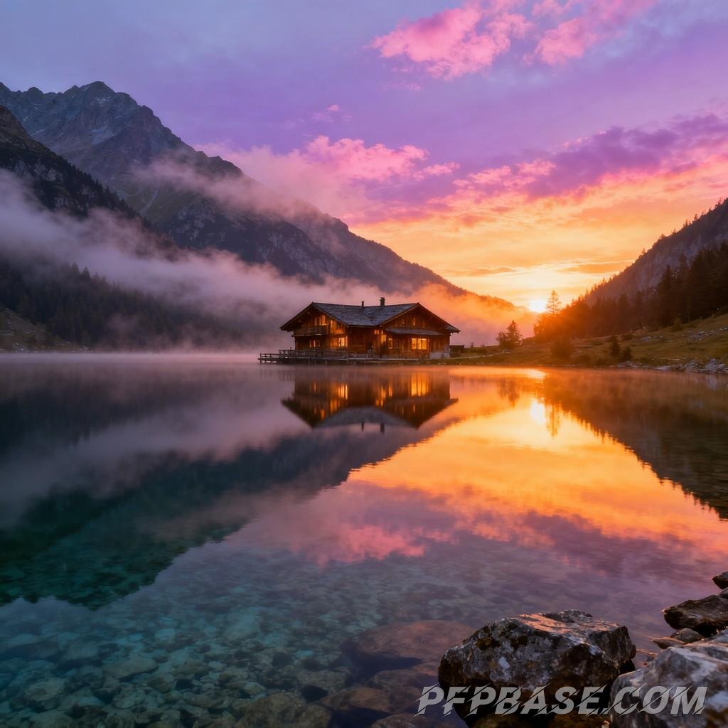 Image 6: dreamlike, towering mountain, serene lake, wooden cabin, setting sun