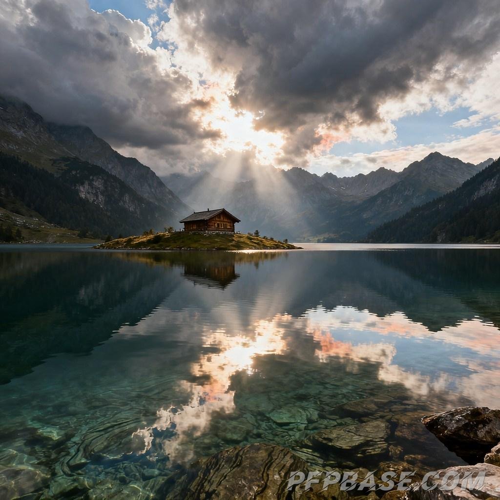 Image 7: dreamlike, towering mountain, serene lake, wooden cabin, setting sun