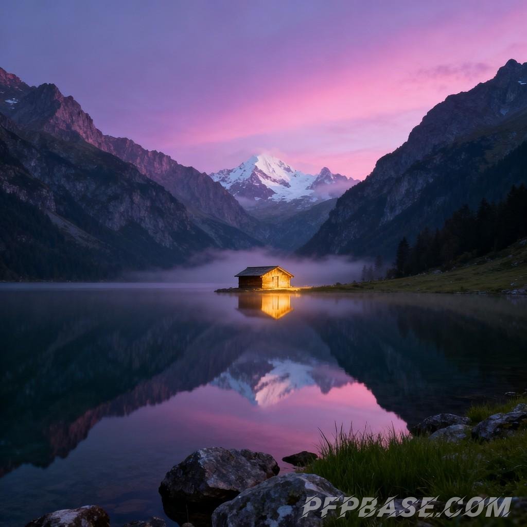 Image 8: dreamlike, towering mountain, serene lake, wooden cabin, setting sun