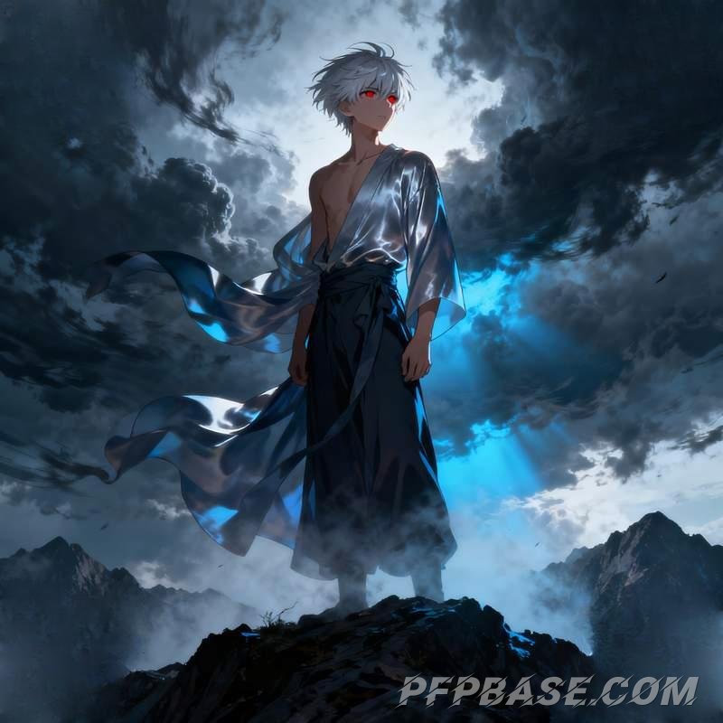 Image 12: anime guy, stormy mountain range, volcanic trench, observatory, sunken ship underwater