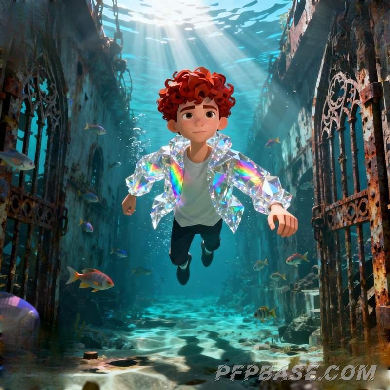 Image 13: anime guy, stormy mountain range, volcanic trench, observatory, sunken ship underwater