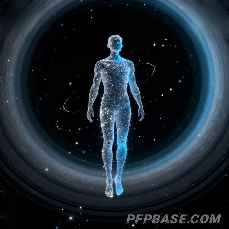 Image 5: male avatar, stardust humanoid, city rooftop, geometric shards, totem mask