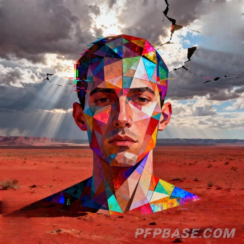 Image 6: male avatar, stardust humanoid, city rooftop, geometric shards, totem mask