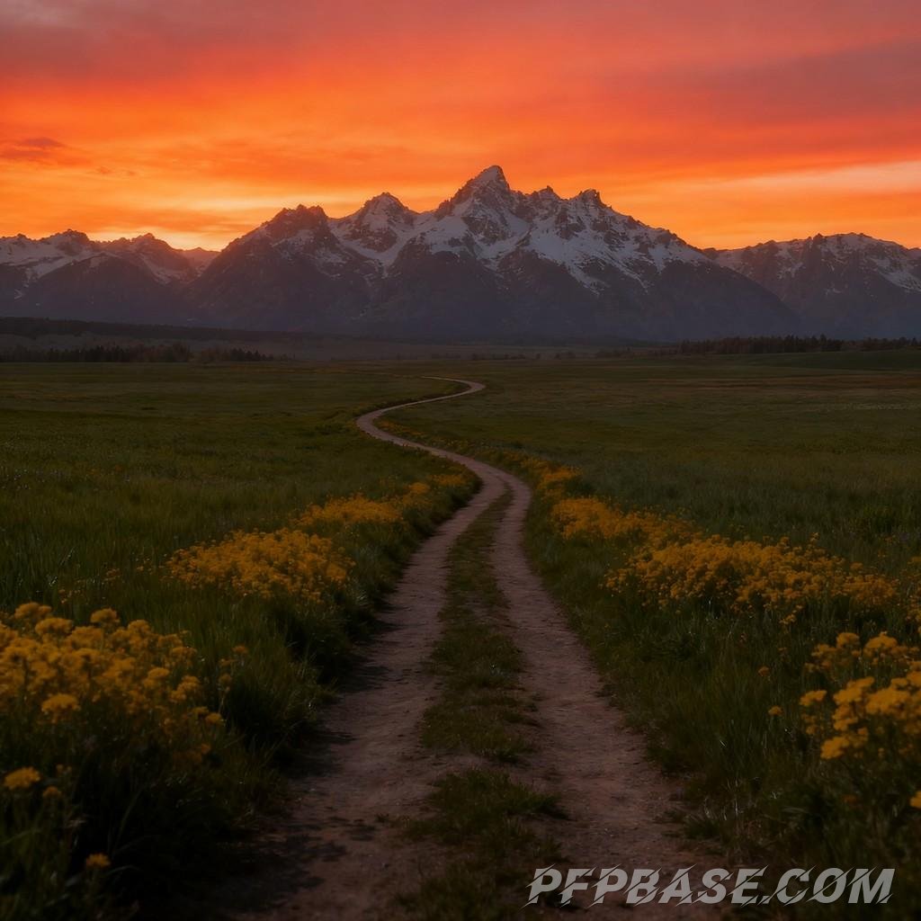 Image 1: blue sky, white clouds, farmland, snow-capped mountains, narrow path