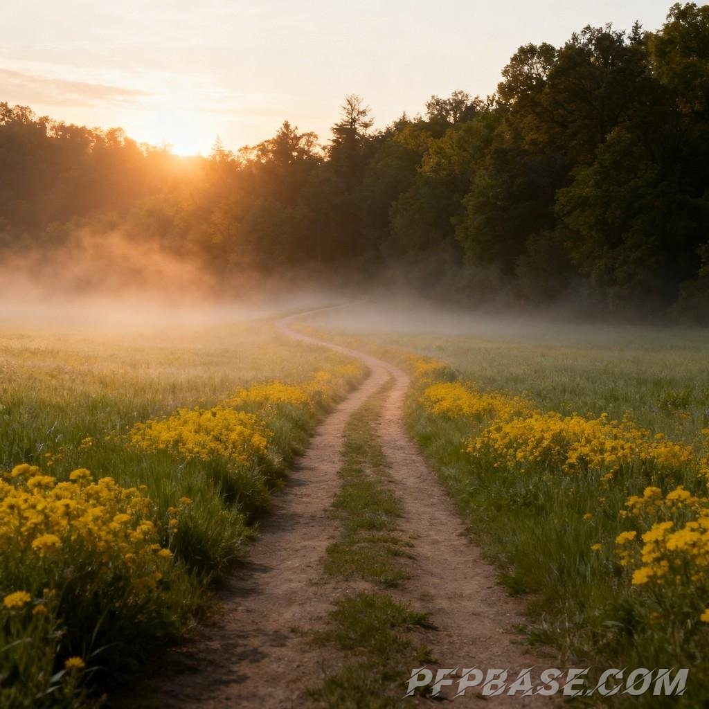 Image 2: blue sky, white clouds, farmland, snow-capped mountains, narrow path