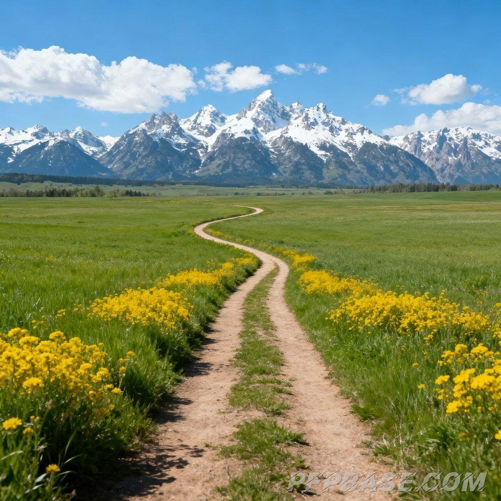 Image 3: blue sky, white clouds, farmland, snow-capped mountains, narrow path