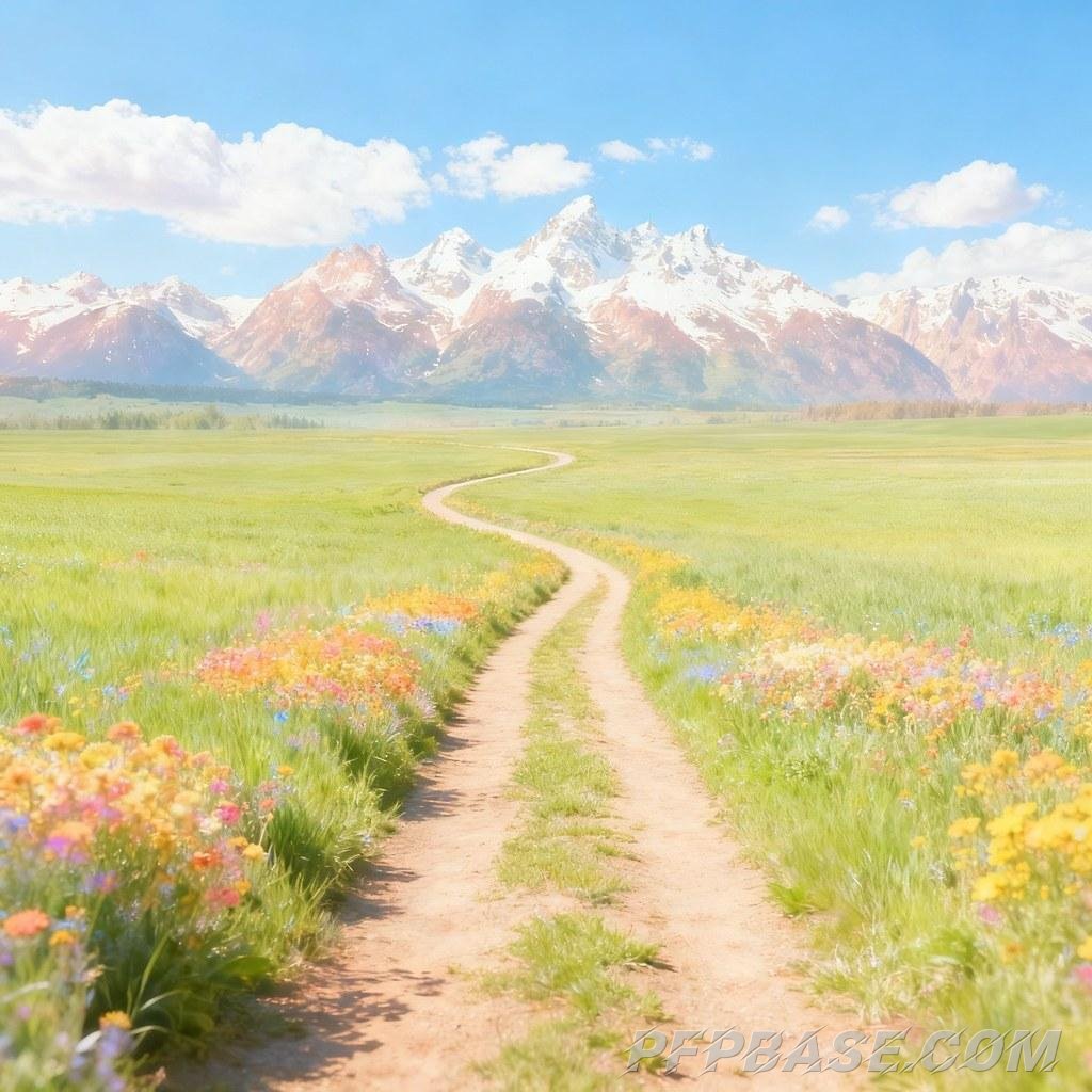 Image 4: blue sky, white clouds, farmland, snow-capped mountains, narrow path