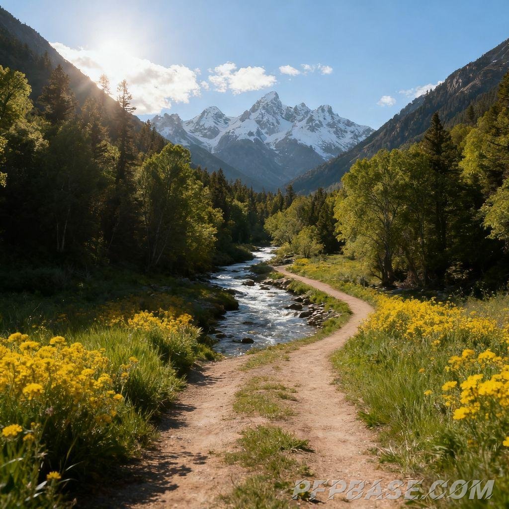 Image 5: blue sky, white clouds, farmland, snow-capped mountains, narrow path
