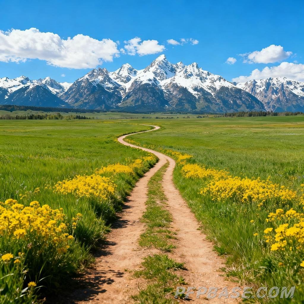 Image 8: blue sky, white clouds, farmland, snow-capped mountains, narrow path