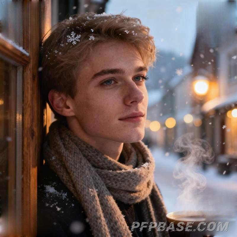 Image 1: warm-hearted guy, winter, healing, snowy landscape, scarf, campfire