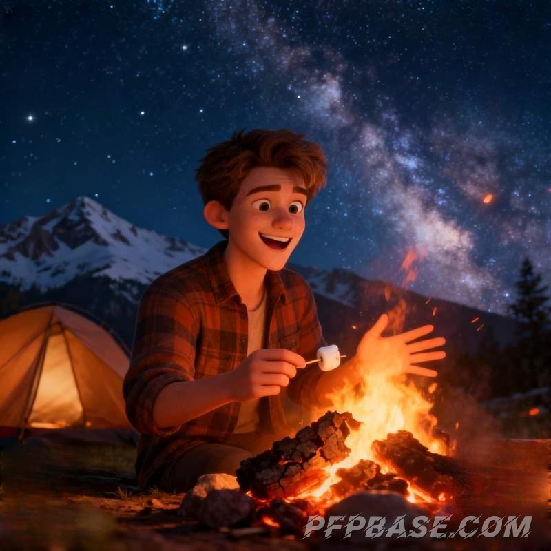 Image 6: warm-hearted guy, winter, healing, snowy landscape, scarf, campfire