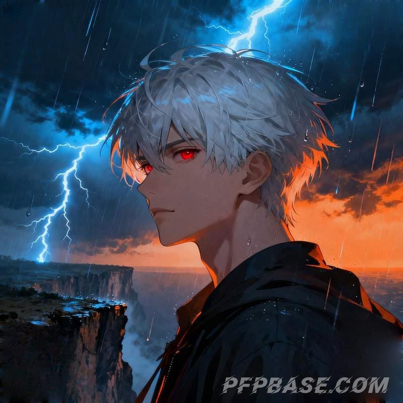 Image 2: anime male head, silver-haired boy, stormy cliff, starlight wings, burning forest, abandoned church