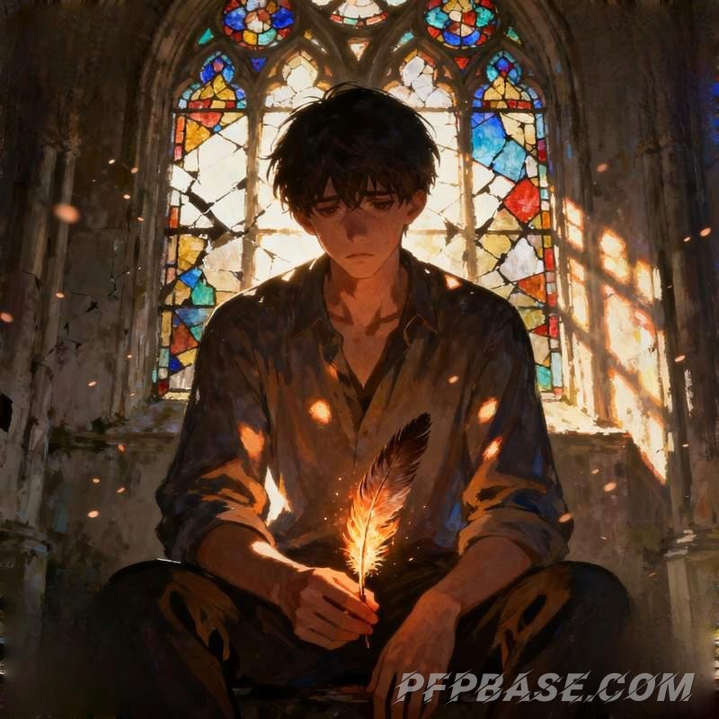 Image 3: anime male head, silver-haired boy, stormy cliff, starlight wings, burning forest, abandoned church