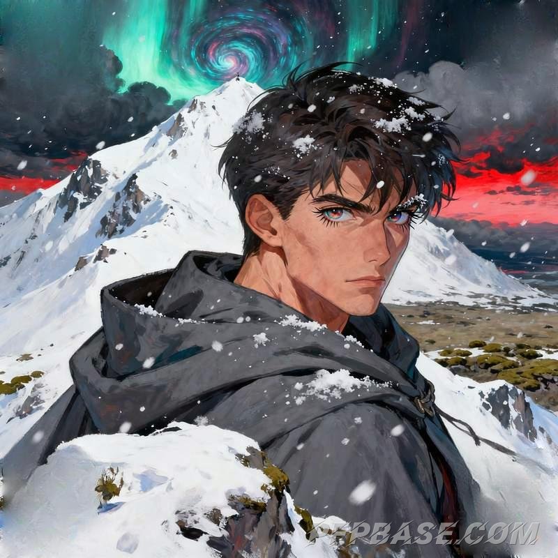 Image 4: anime male head, silver-haired boy, stormy cliff, starlight wings, burning forest, abandoned church