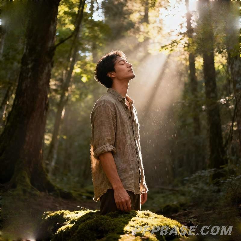 Image 1: male avatar, cliff at dusk, urban rooftop, forest light and shadow, geometric dream, starry meadow