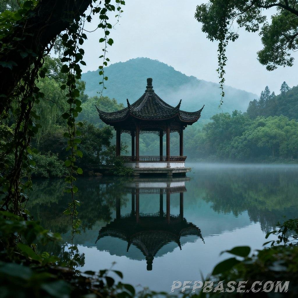 Image 2: serene lake view, fresh after rain, tranquil forest, mysterious mist, natural zen