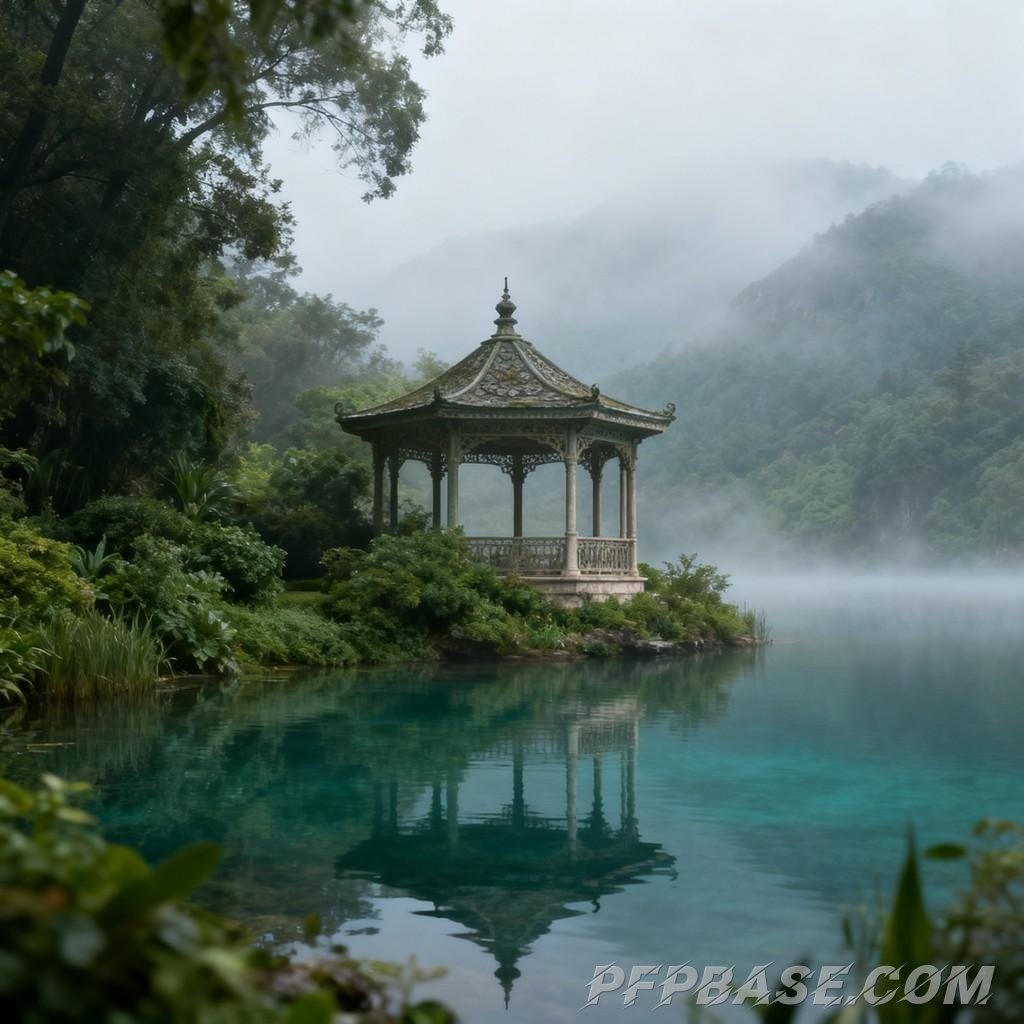 Image 4: serene lake view, fresh after rain, tranquil forest, mysterious mist, natural zen