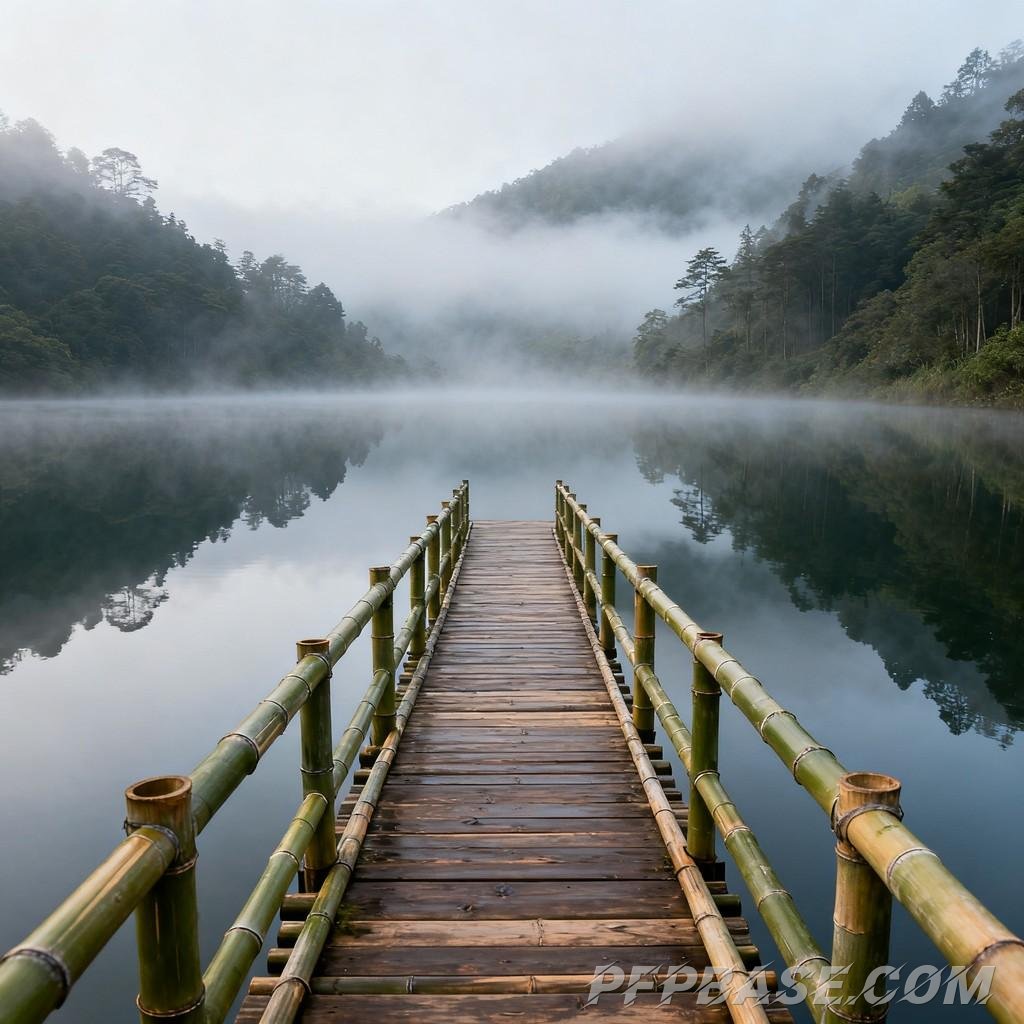 Image 8: serene lake view, fresh after rain, tranquil forest, mysterious mist, natural zen