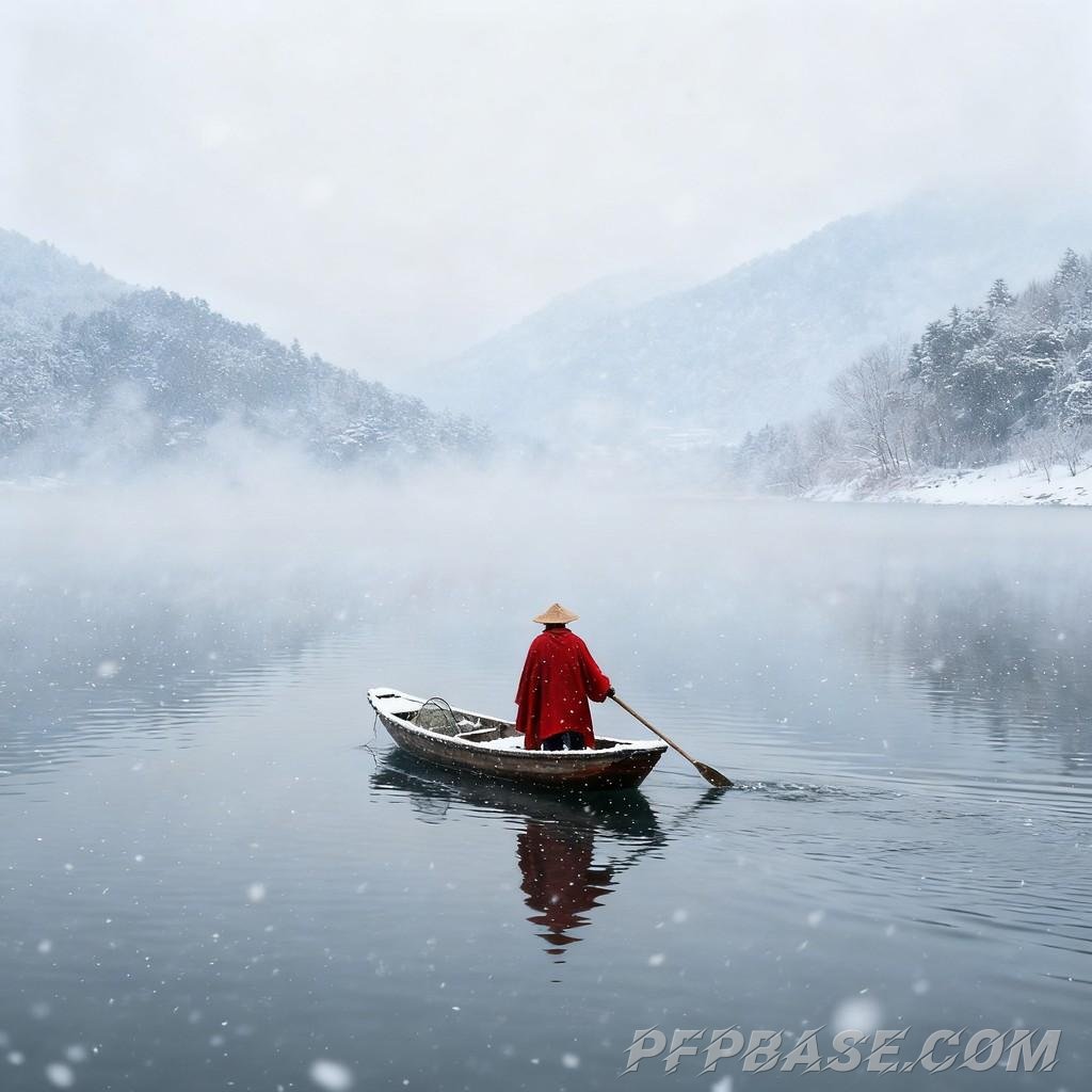 Image 2: winter, snowy landscape, poetic charm, serene silence, solitary boat