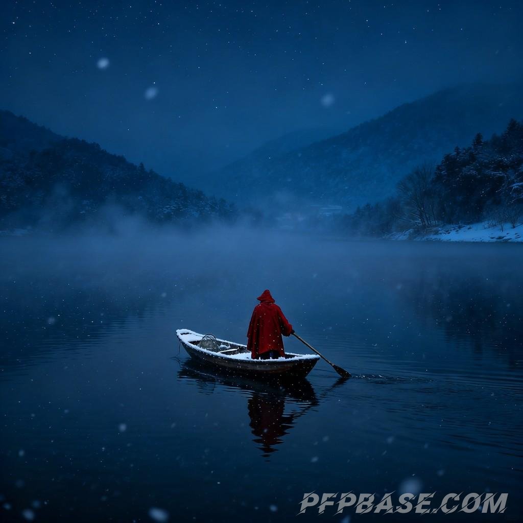 Image 3: winter, snowy landscape, poetic charm, serene silence, solitary boat