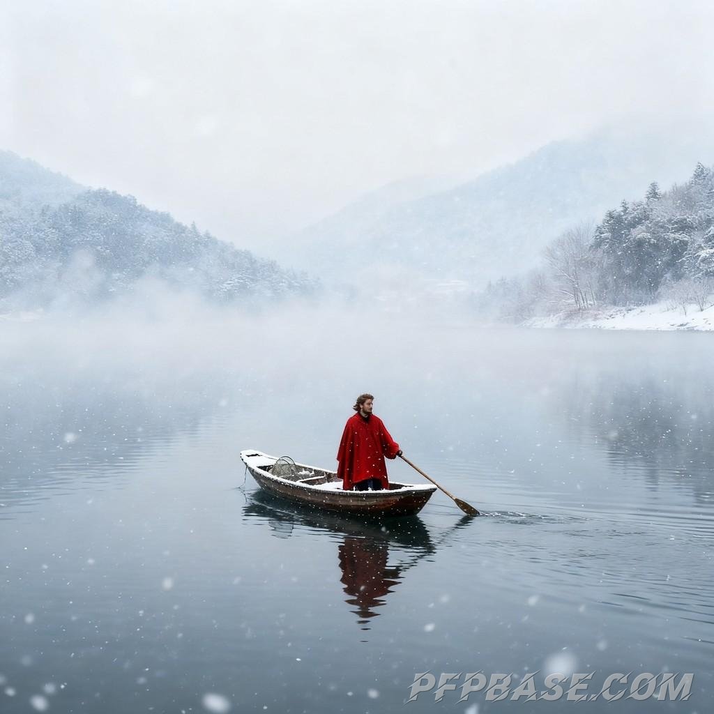 Image 4: winter, snowy landscape, poetic charm, serene silence, solitary boat