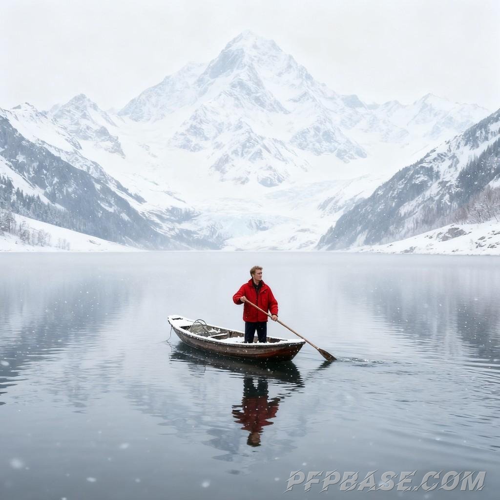 Image 5: winter, snowy landscape, poetic charm, serene silence, solitary boat