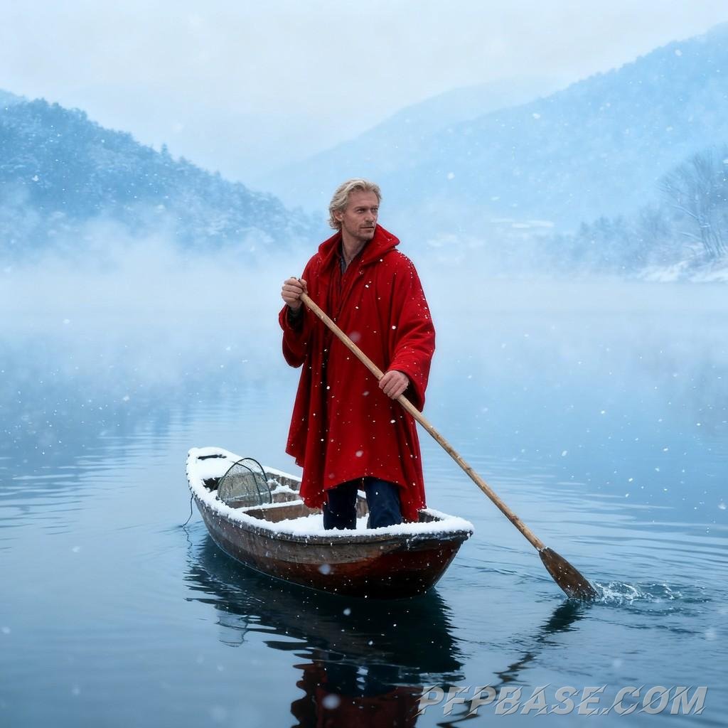 Image 7: winter, snowy landscape, poetic charm, serene silence, solitary boat