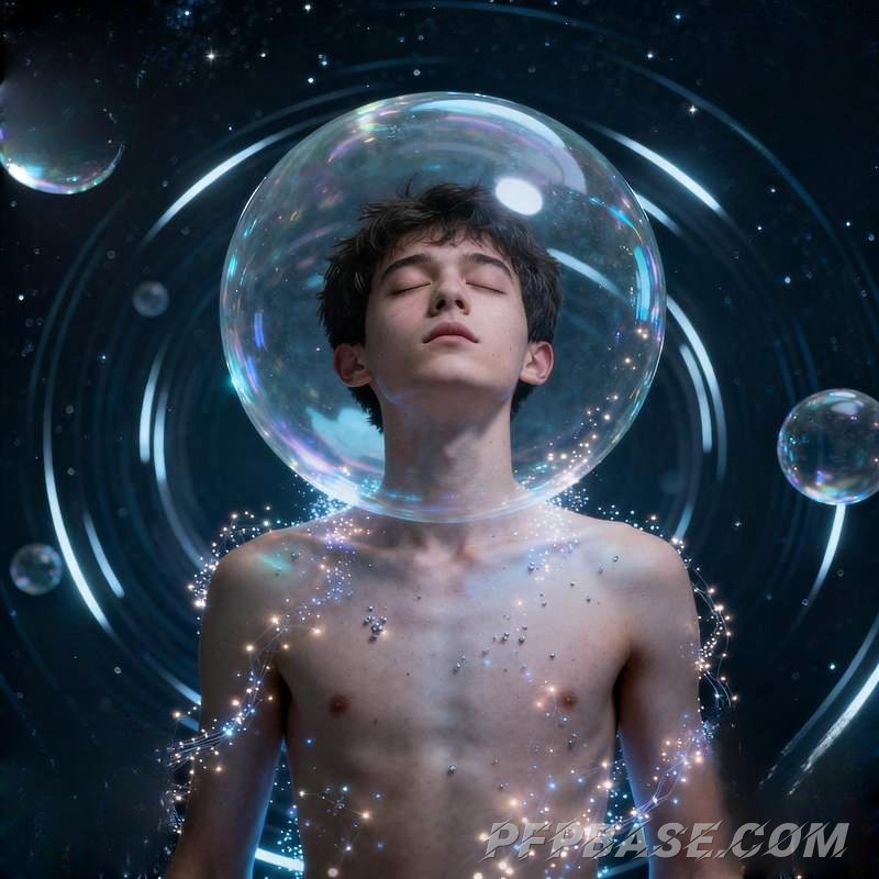 Image 1: young man, cliff at dusk, city neon, red desert, dream bubbles, forest morning mist