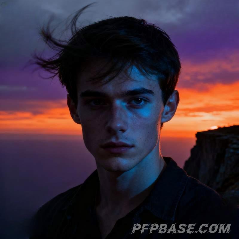 Image 2: young man, cliff at dusk, city neon, red desert, dream bubbles, forest morning mist