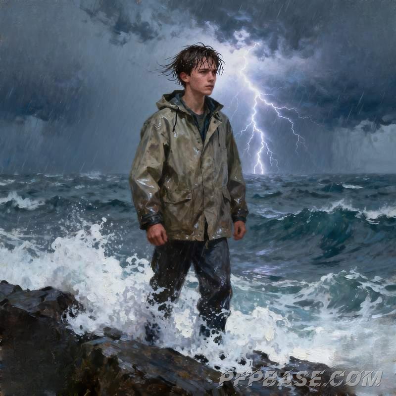 Image 6: young man, cliff at dusk, city neon, red desert, dream bubbles, forest morning mist