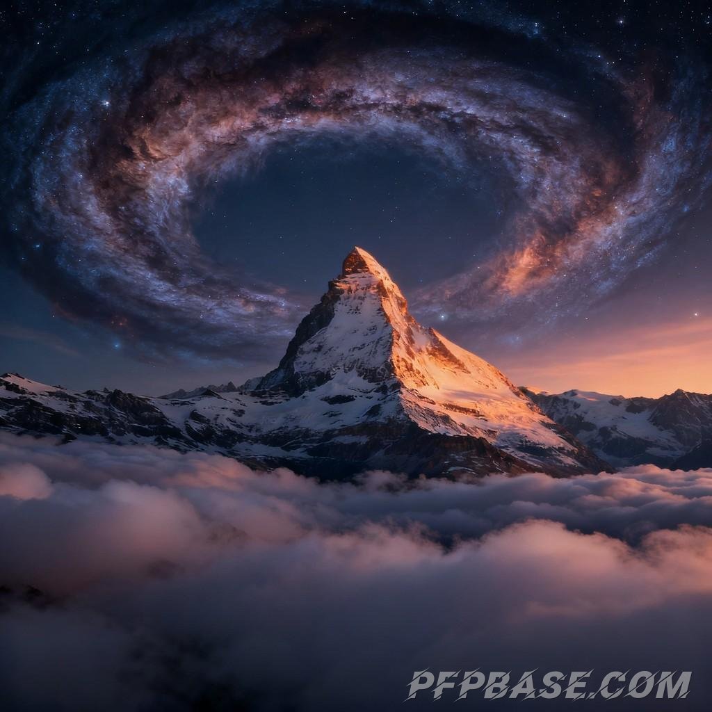 Image 1: snow-capped mountain, starry sky, sea of clouds, dawn's light, twilight glow