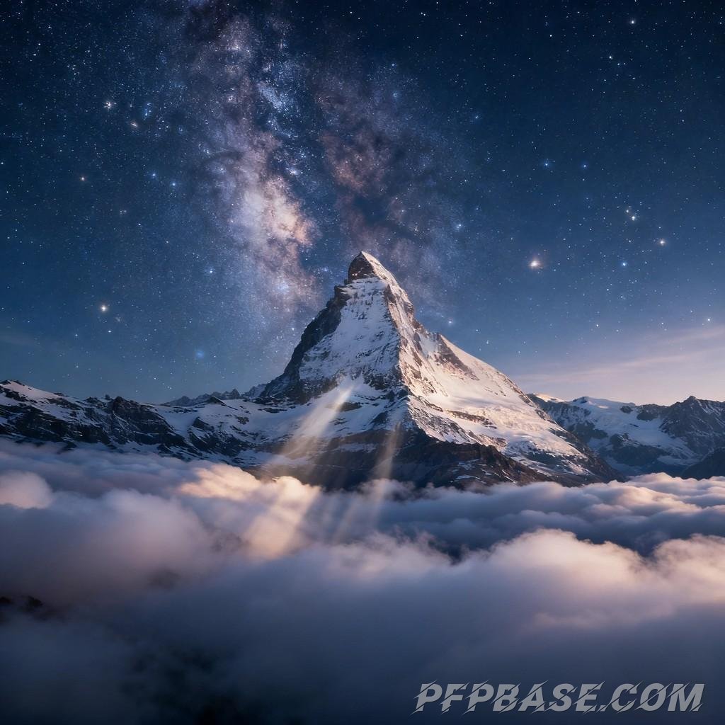 Image 2: snow-capped mountain, starry sky, sea of clouds, dawn's light, twilight glow
