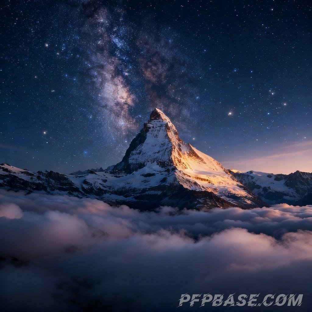 Image 3: snow-capped mountain, starry sky, sea of clouds, dawn's light, twilight glow
