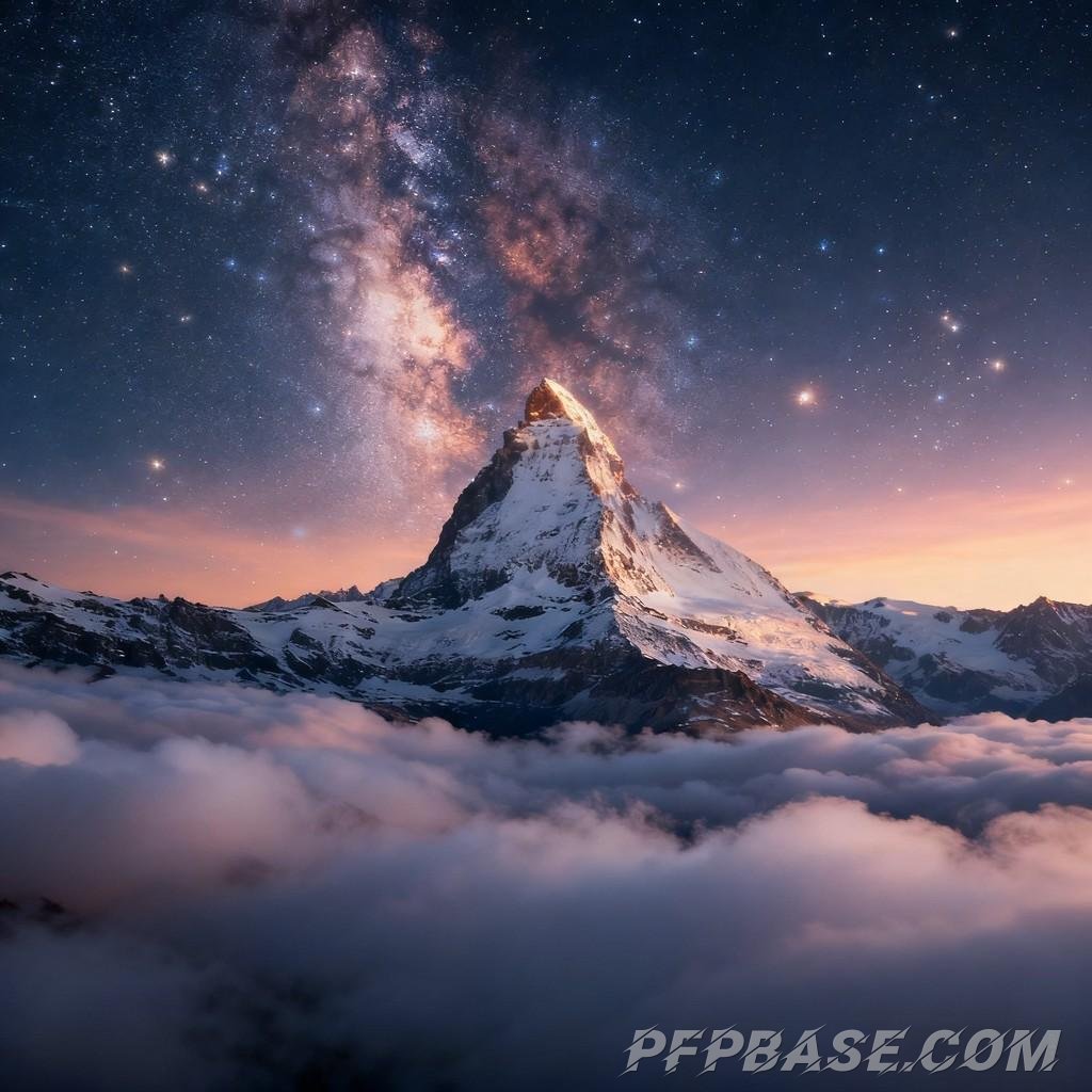 Image 5: snow-capped mountain, starry sky, sea of clouds, dawn's light, twilight glow