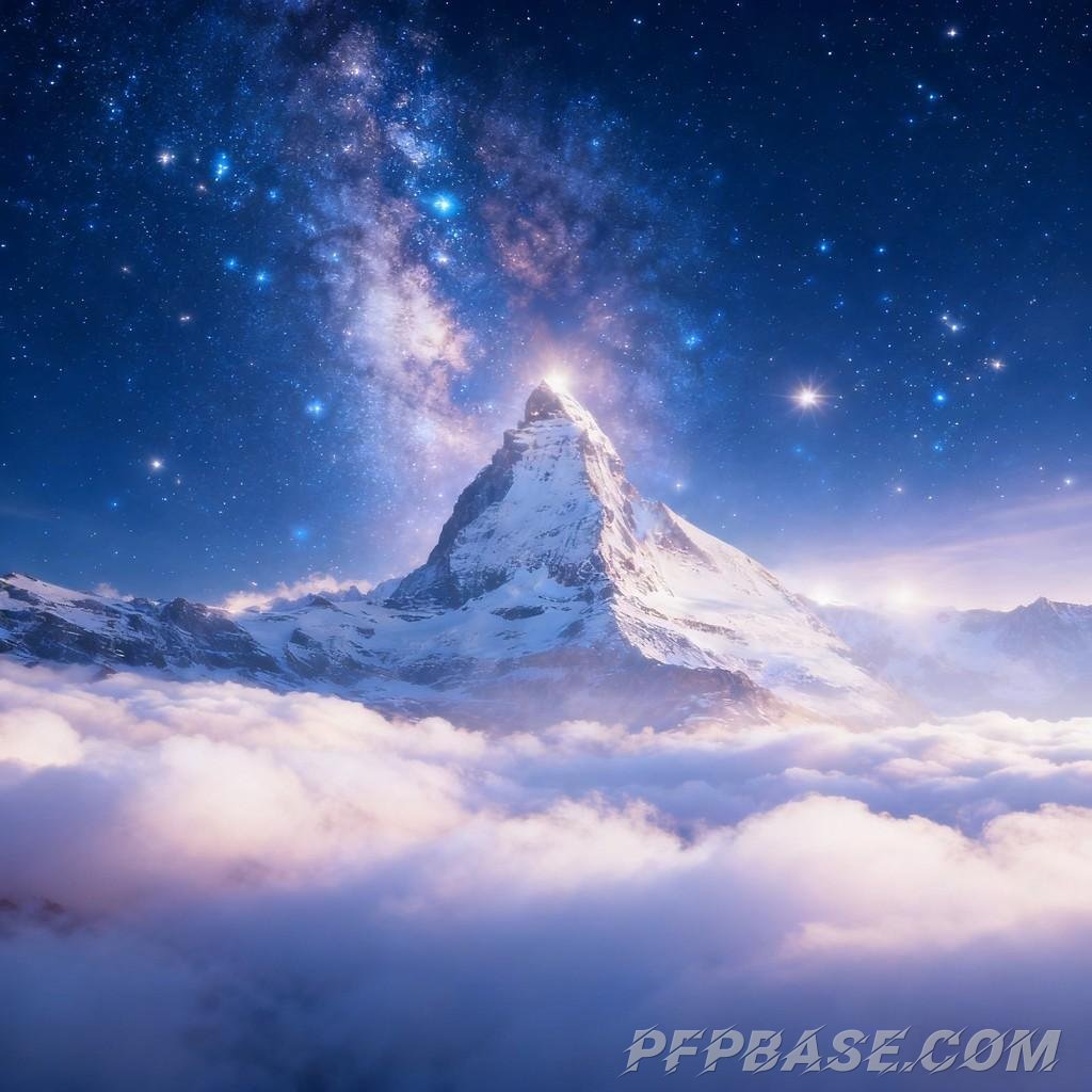 Image 6: snow-capped mountain, starry sky, sea of clouds, dawn's light, twilight glow