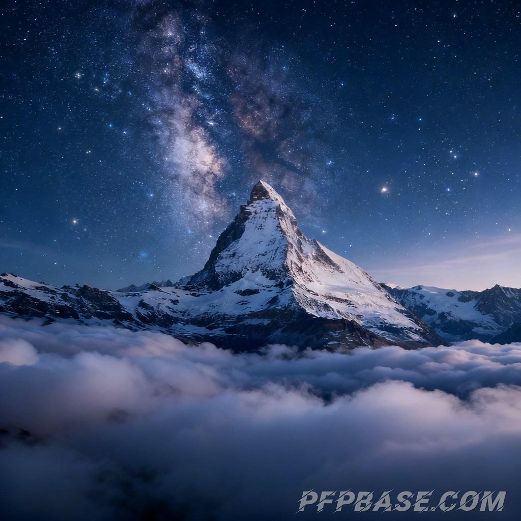 Image 7: snow-capped mountain, starry sky, sea of clouds, dawn's light, twilight glow