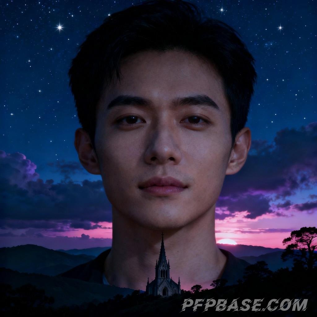 Image 1: starlit sky, night view, spired tower, mountain range, dreamlike scene