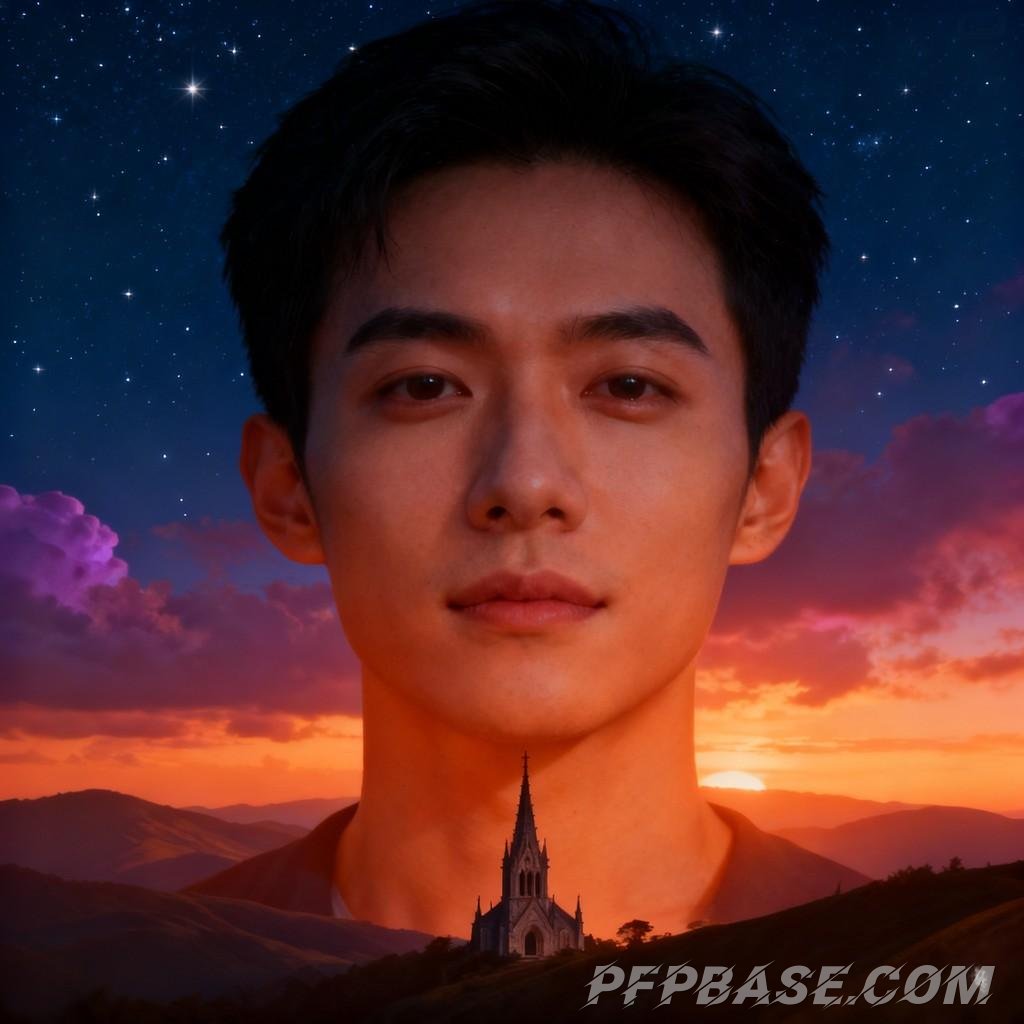 Image 2: starlit sky, night view, spired tower, mountain range, dreamlike scene