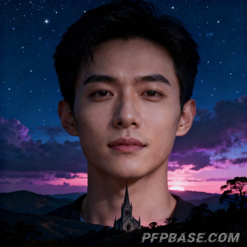 Image 3: starlit sky, night view, spired tower, mountain range, dreamlike scene